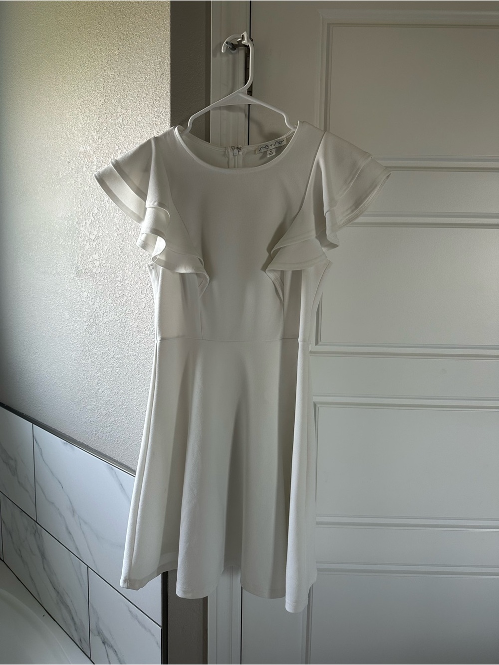 She + Sky White Ruffle-Sleeve Mini Dress